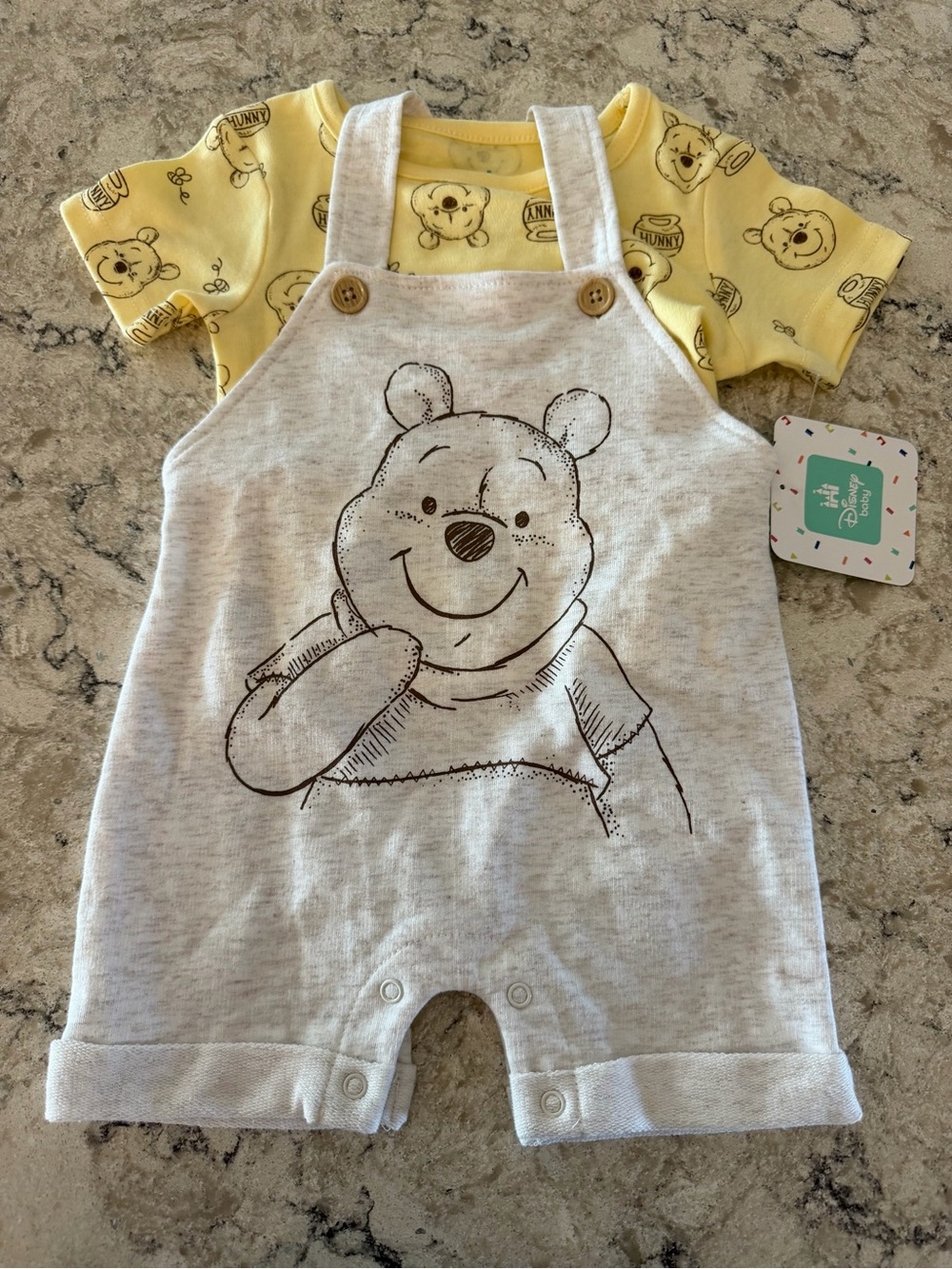 Disney Winnie the Pooh Baby Yellow Bodysuit with Grey Overall Set